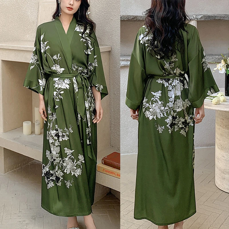 Print Flower Long Kimono Bathrobe Gown Sexy Women Half Sleeve Wedding Robe Nightgown Spring Summer Rayon Home Dress Sleepwear