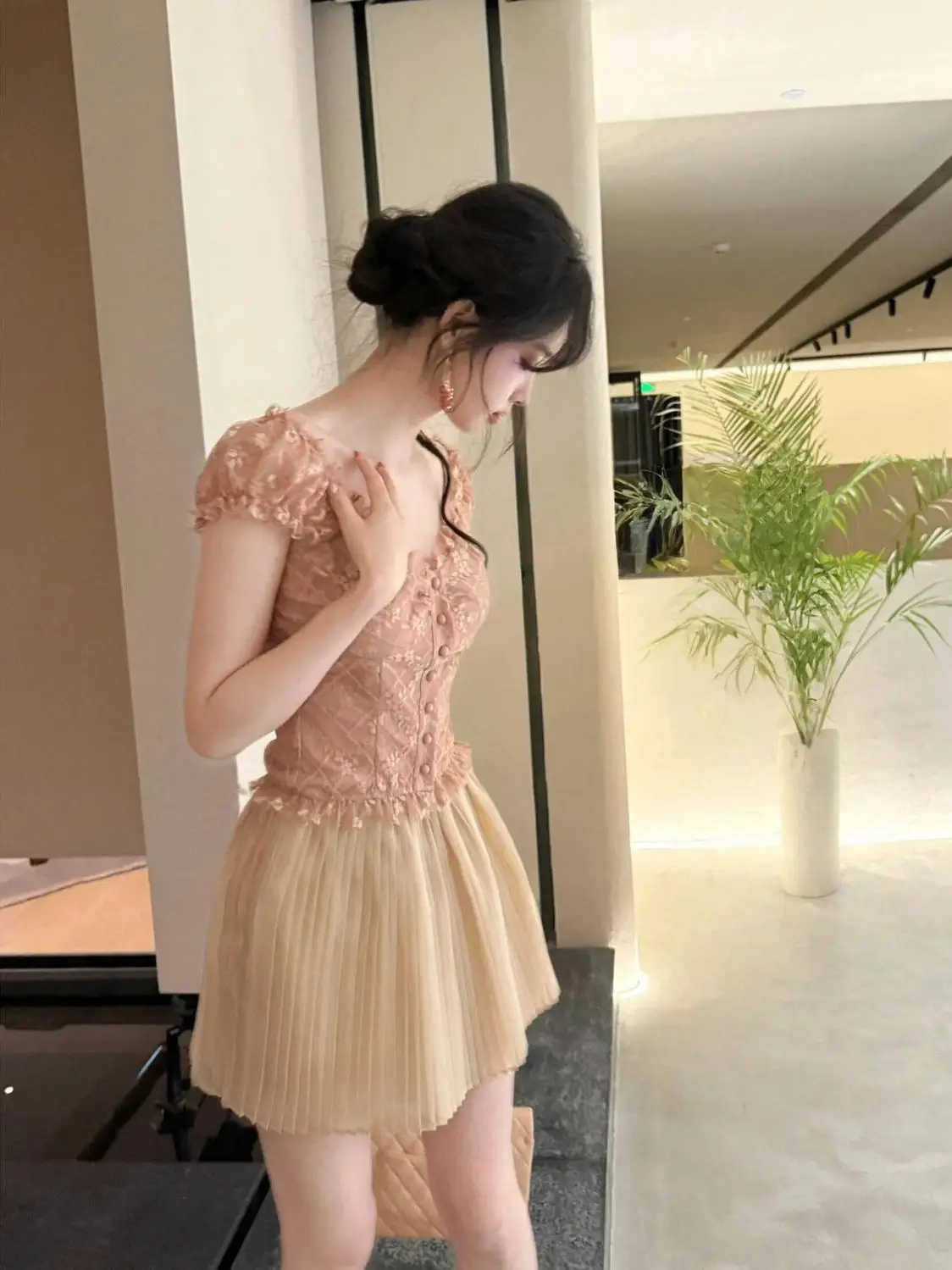 

Celebrity Sweet V-neck Puff Sleeve Off-shoulder Two-ways Lace Top Women A-line Pleated Skirt Summer Fairycore Two Pieces Set