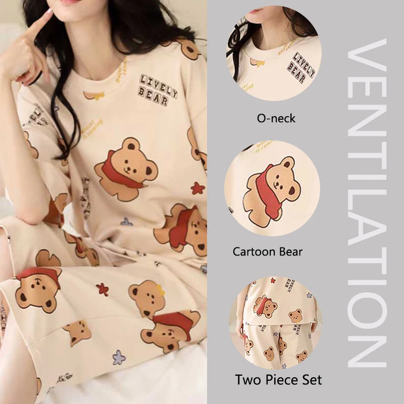 2 Pcs/set Women Short Sleeve 7 Pants Ladies Homewear Scarf Bear Short Sleeve Two Piece Autumn Ladies Pajama set School pajamas