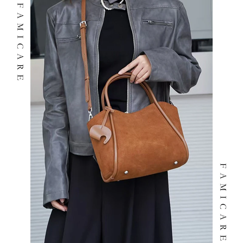 

2025 Fall Winter Suede Leather Bucket Tote Bag Premium Unique Practical Shoulder Crossbody Bag Light Luxury Women's Handbag