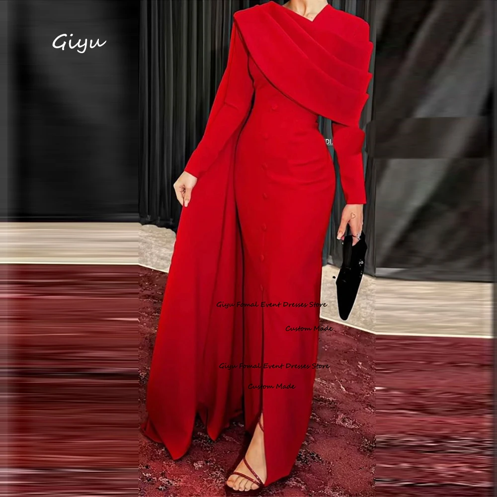 

Giyu Modest Red Mermaid Evening Dresses Women Saudi Arabia Long Sleeves Floor Length Front Slit Wedding Party Dress Custom Made