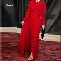 Giyu Modest Red Mermaid Evening Dresses Women Saudi Arabia Long Sleeves Floor Length Front Slit Wedding Party Dress Custom Made