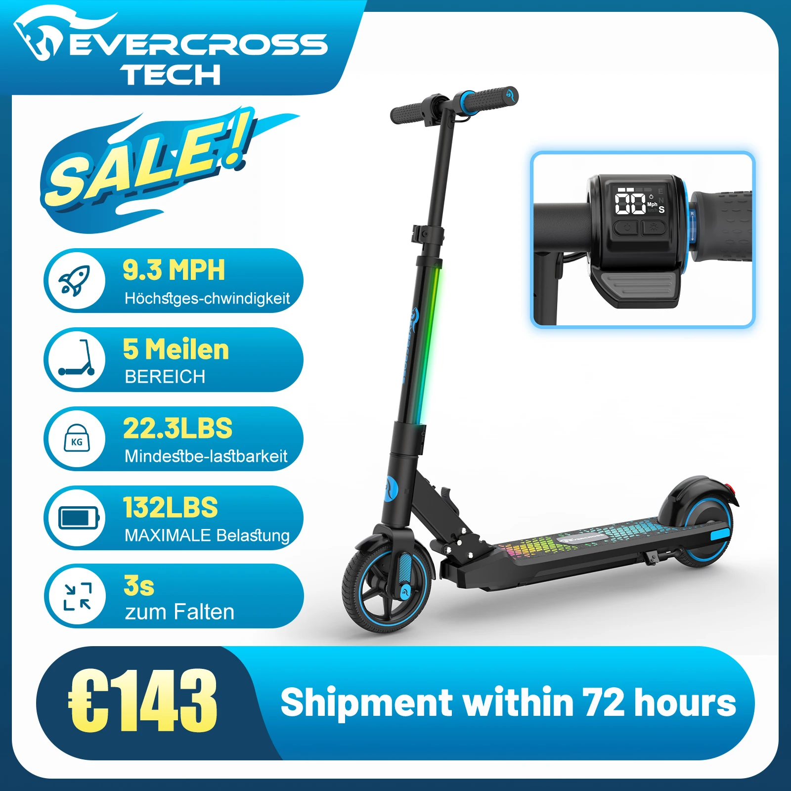 EVERCROSS TECH EV06C children's electric scooters, foldable, up to 15 KM/H, LED screen, colorful Lights