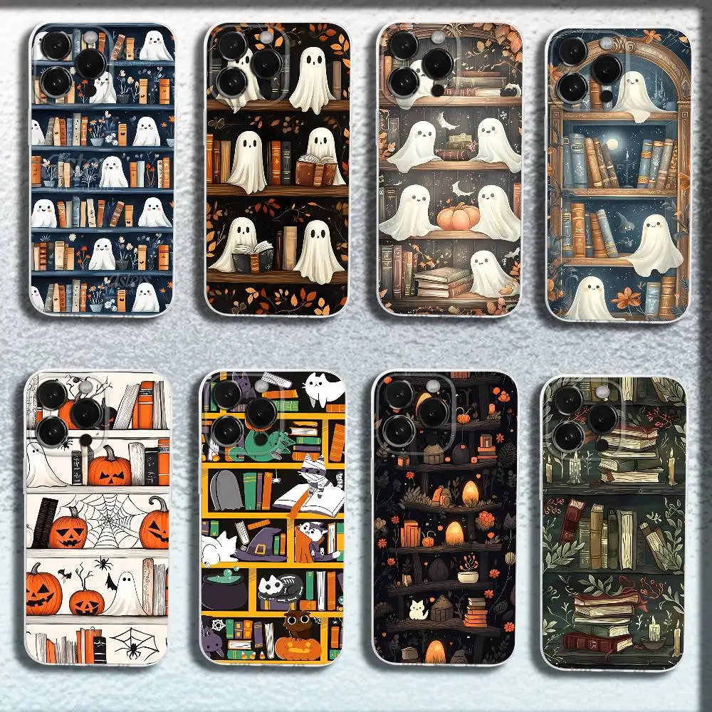 

Cute ghost bookshelf Phone Case For iPhone 17,16,15,14,13,12,11 Plus,Pro,Max,Plus,E,SE4,Mini Transparent Cover