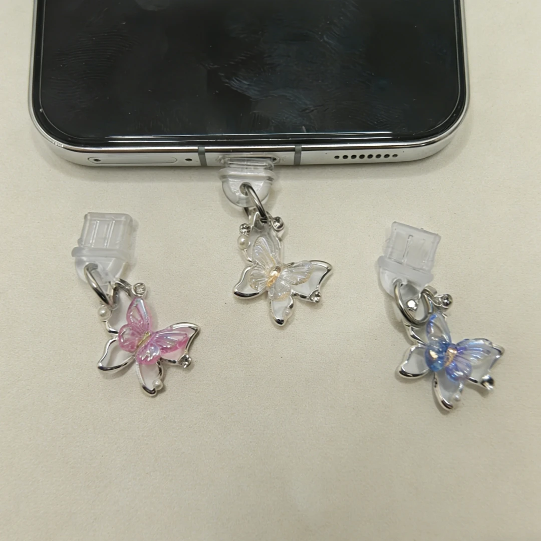 Tapón antipolvo para teléfono con forma de mariposa multicolor y diamantes brillantes, mini accesorio decorativo protector de interfaz, exquisito accesorio para teléfono para niñas, decoración para teléfono, pequeños accesorios para el cuidado diario de t