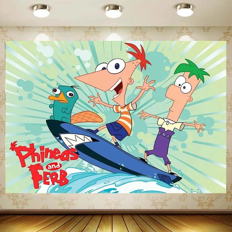 

Cartoon Phineas and Ferb Kids Birthday Party Backdrop Supplies Baby Shower Photography Banner Photo Background For Table Decor