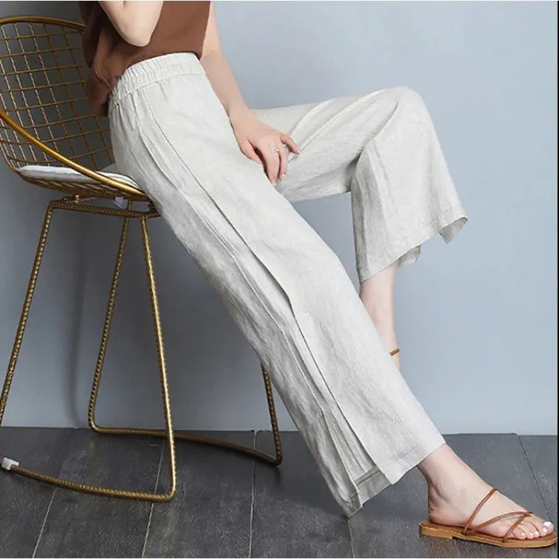 Pantalones de lino y algodón de pierna ancha de cintura alta para mujer, falda informal artística fina de verano, pantalones holgados adelgazantes de nueve puntos