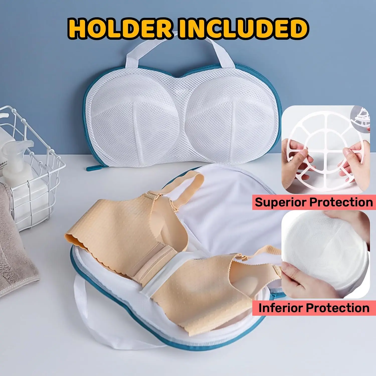 3Pcs Bra Wash Bags for Laundry Lingerie Underwear Brassiere Bag Set for Washing Machine With Zipper Women Delicates Blue (A to C