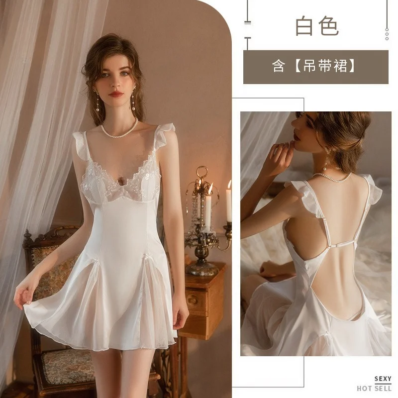 French sexy pure desire ice silk suspender sleepwear women's perspective high-end feeling chest cushion thin nightgown home wear