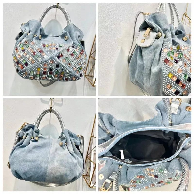 Korean mini fashion diamond set canvas tote girl denim trend bag Crossbody denim Blue 2024 new model