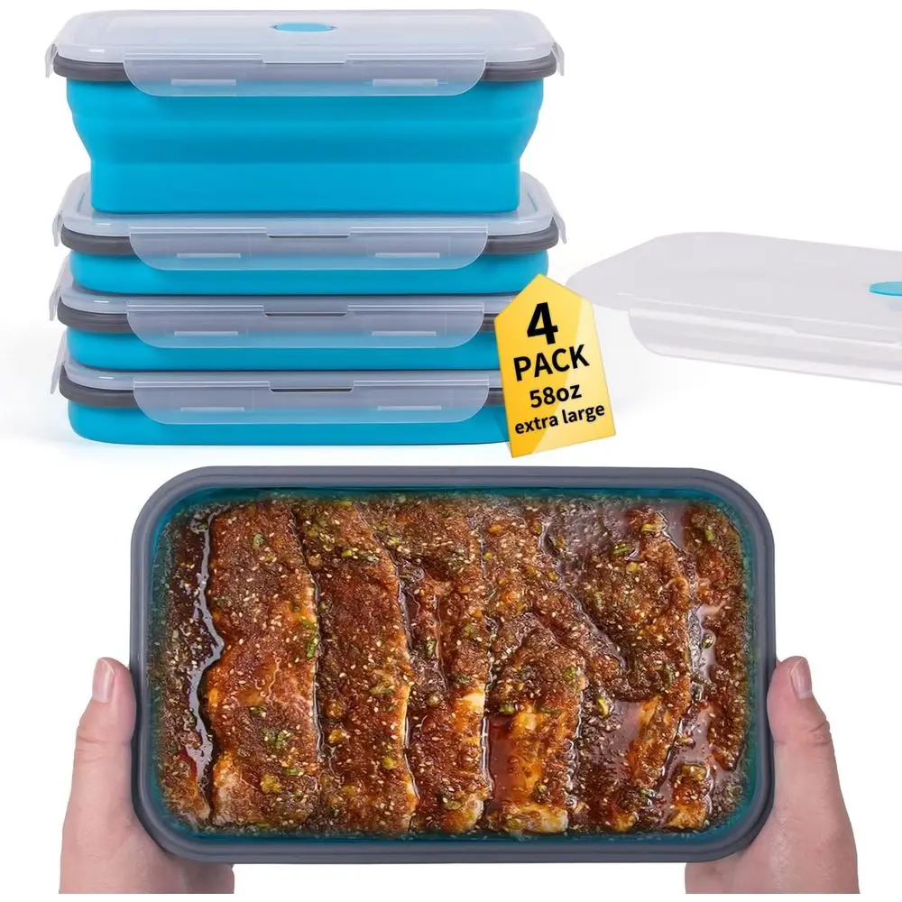 

Большие складные силиконовые пищевые контейнеры емкостью 58 унций, 4 шт., синие, с крышкой и вентиляционным отверстием, микроволновая печь, морозильная камера, можно мыть в посудомоечной машине