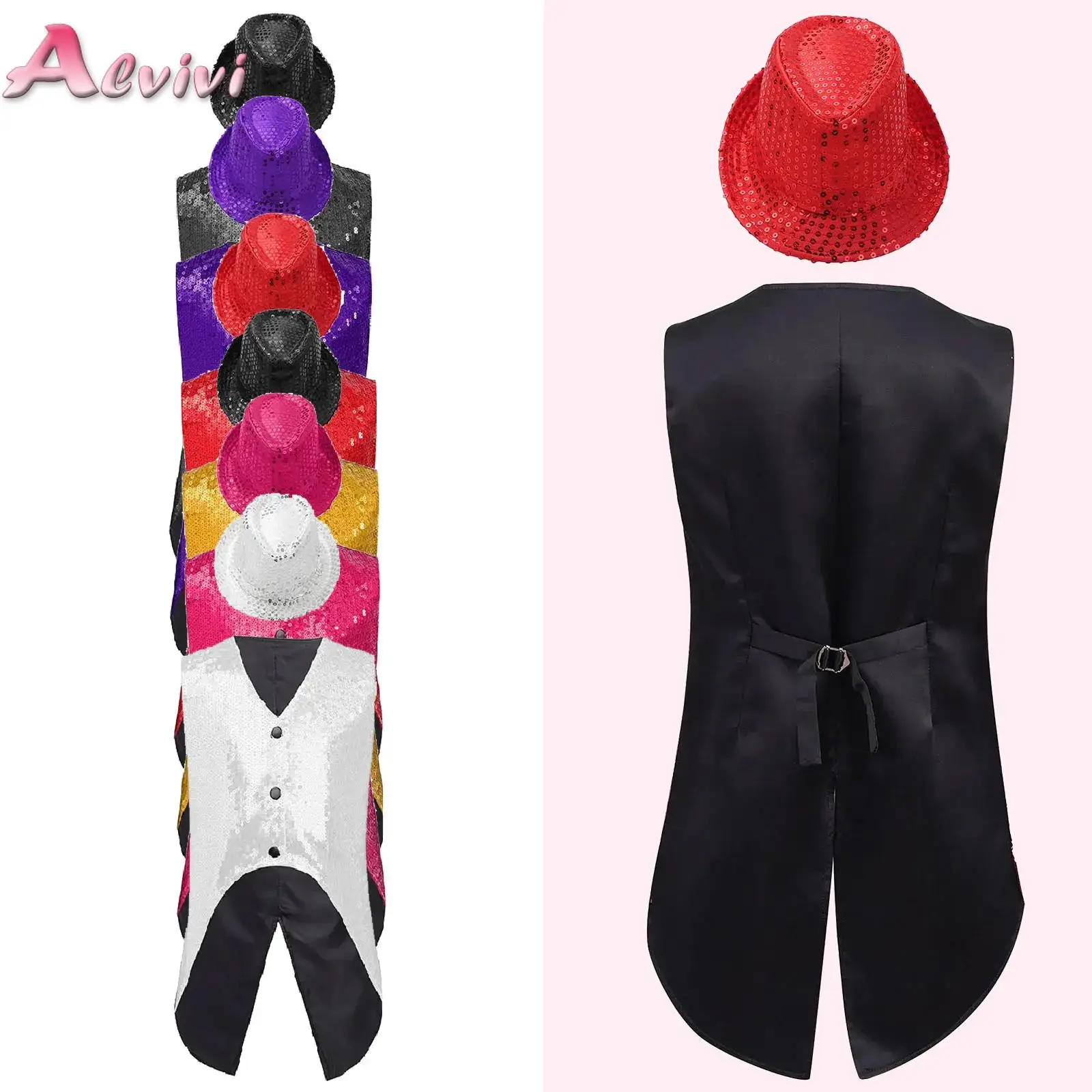 Boys Girls Birthday Wedding Party Tuxedo Waistcoat Sequins Jazz Dance Vest Halloween Carnival Circus Magician Cosplay Costume