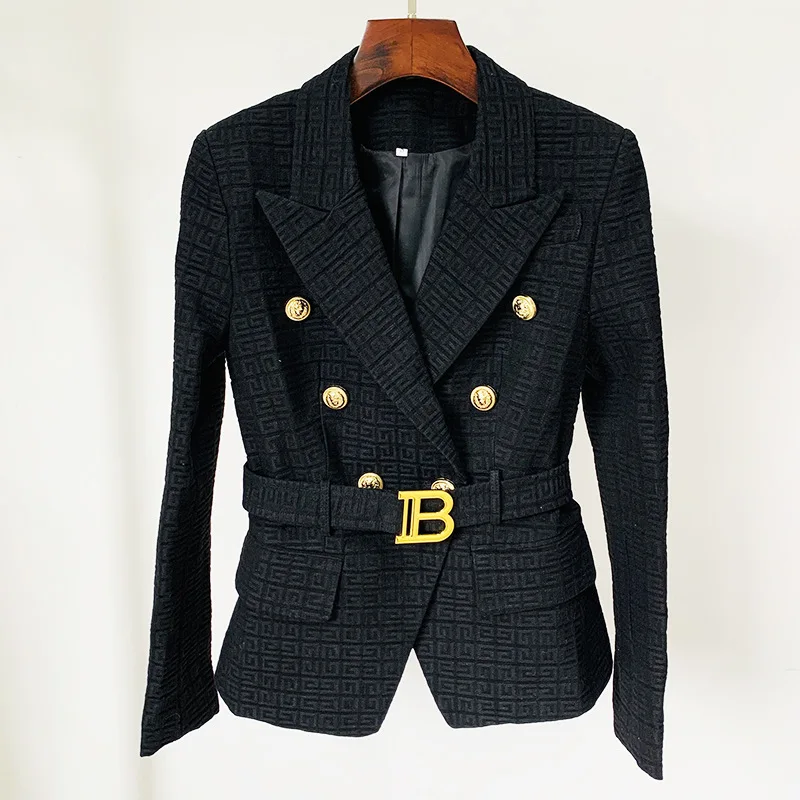 Latest Popular Single Product Ladies Geometric Pattern With Belt Fashion Texture Blazer Trendy Slim Design Spring Fall Jacket