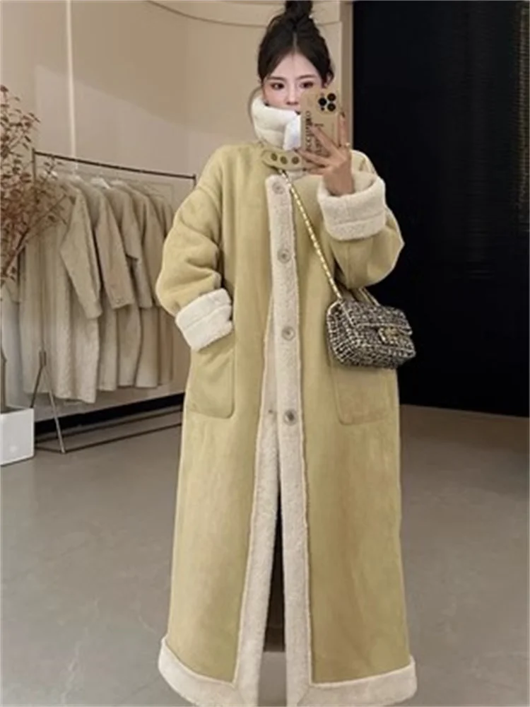 Double-sided Wearing Lamb Add Suede Motorcycle Suit Fur Imitation Fur Outerwear Female 2023 Winter New Long Thick Warm Coat