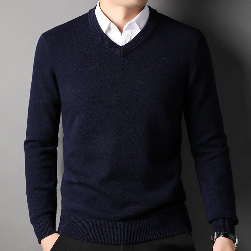 Warm Wool Sweater V Neck Collar  Solid Smart Pullover Casual Men's Clothing Pure Wool Thickened Sweater Pullovers Without Shirt