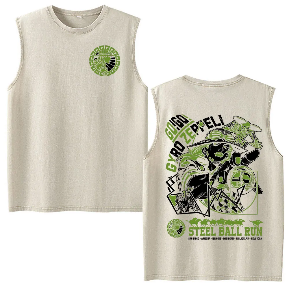 Anime Jojo Bizarre Adventure Steel Ball Run Gyro Zeppeli Vintage Washed Tank Tops Men's Women Clothing Sleeveless Vest T-shirts