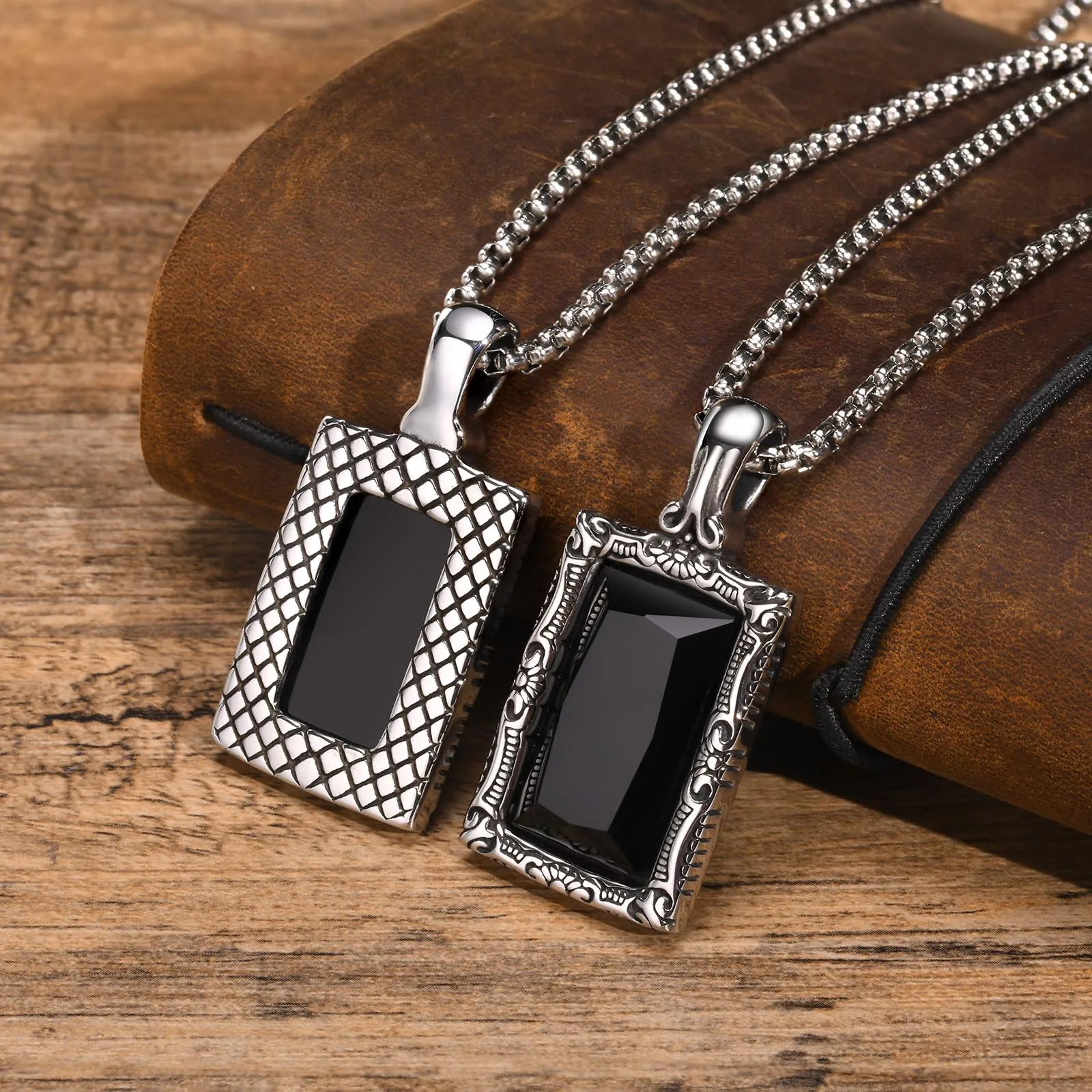 Black Square Stone Men's Necklace 50/55/60cm Stainless Steel