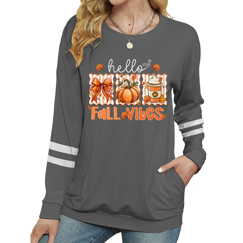 Outono temporada feminina manga longa camiseta outono vibrações gráfico camisetas macias de manga comprida outono abóbora novo design camisas femininas