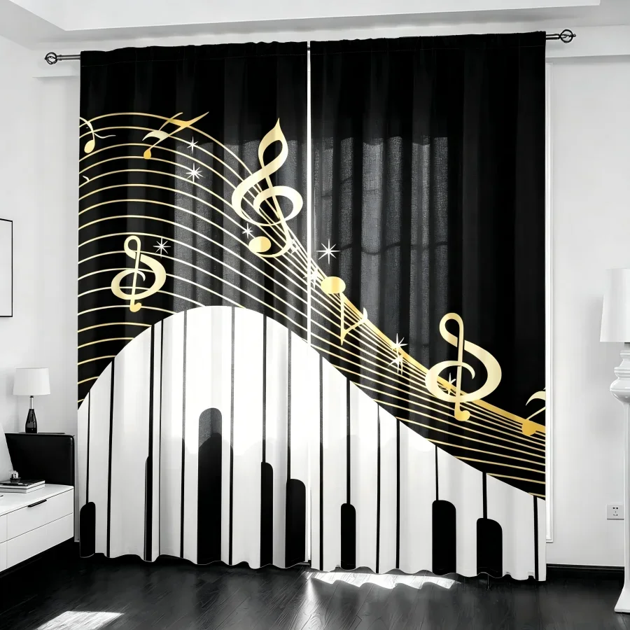 Elegant Music Note Curtain Black and White Stage Piano Backdrop Living Room Window Drapes