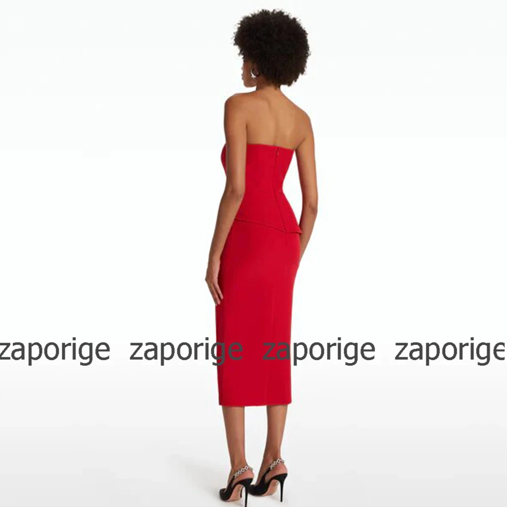 Elegant Formal Dress Women Crimson Jersey Ruffles Cocktail Party Column&Sheath Strapless Midi Dresses