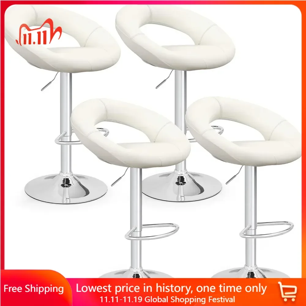 Set of 4 Bar Stools, Height Adjustable Swivel Counter Stools W/Hollow Back & Footrest, Swivel Breakfast Chairs for Bar, Kitchen