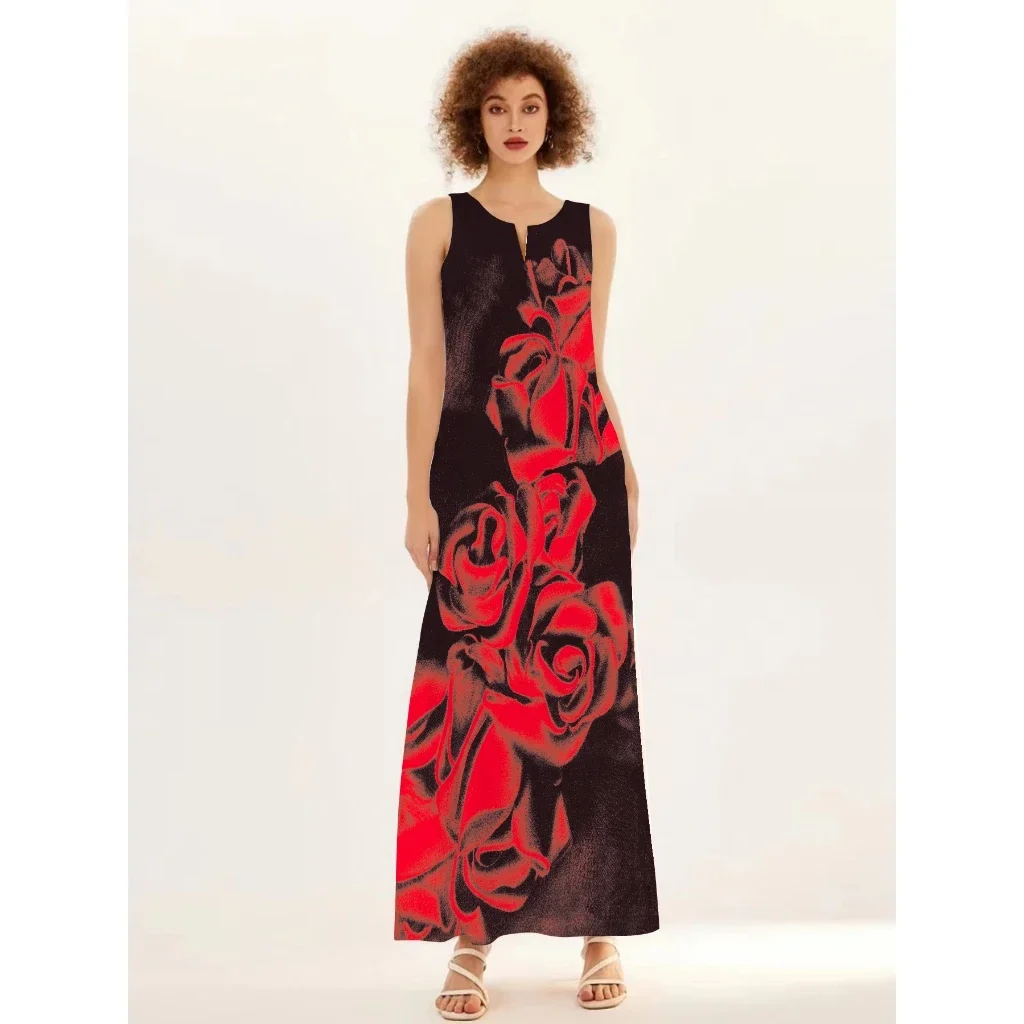 Women Romantic Red Rose Print Long Dresses For Women V-Neck Pocket Long Sleeveless Tank Dress