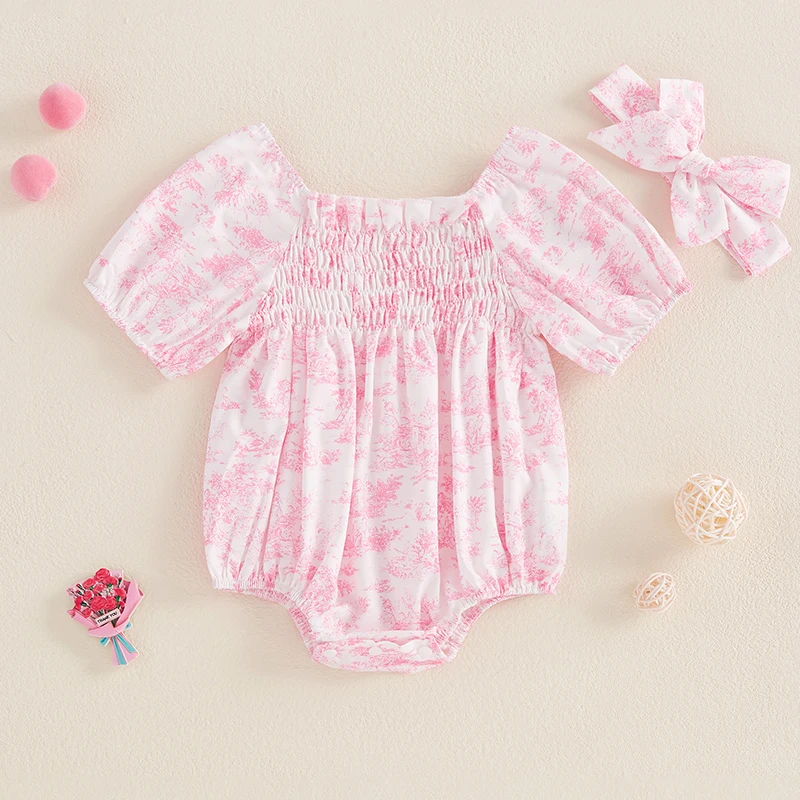 

Infant Baby Girls Romper Floral Ruffle Sleeve Pleated Smocked Bubble 1Piece Ruched Jumpsuit Summer Bodysuit