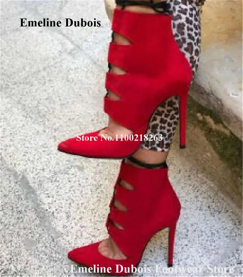 

Red Suede Cut-out Short Boots Emeline Dubois Fashion Style Pointed Toe Black Leopard Lace-up Stlietto Heel Ankle Booties Pumps