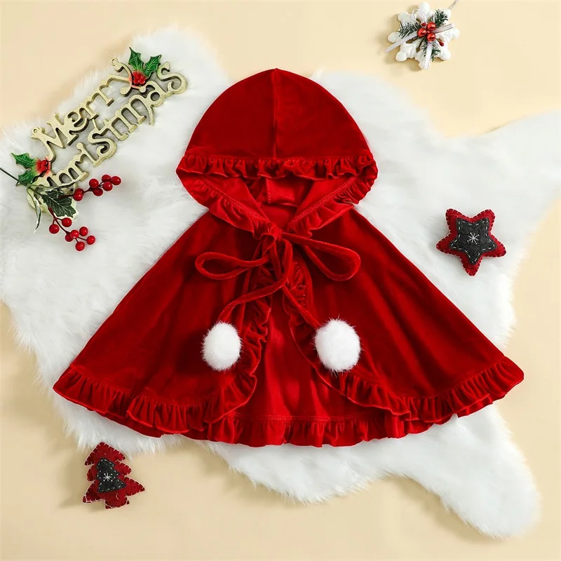 1-5years Kids Girls Cloak Soft Hooded Lacing Frills Cape With Plush Balls For Christmas Party Girls Xmas Cosplay Outwear