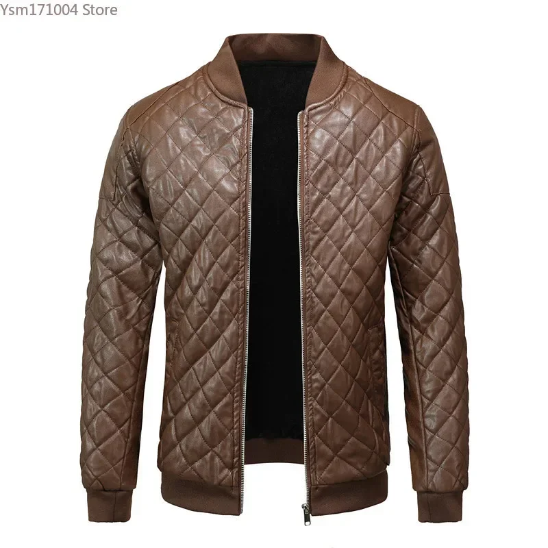 2024 Winter Men\'s Leather Jacket Korean Edition Fashion Standing Collar Slim Fit Baseball Jacket Street Motorcycle Leather Coats