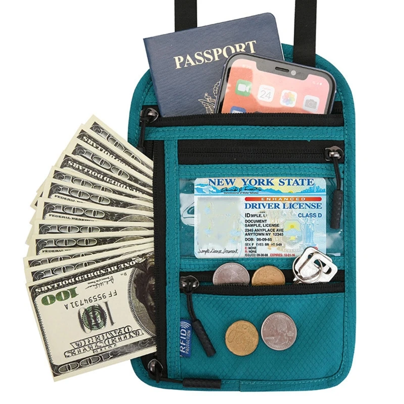 Portafoglio da collo 20CB con porta passaporto antifurto per donna uomo mantieni i documenti in contanti sicuri custodia da viaggio facile da nascondere