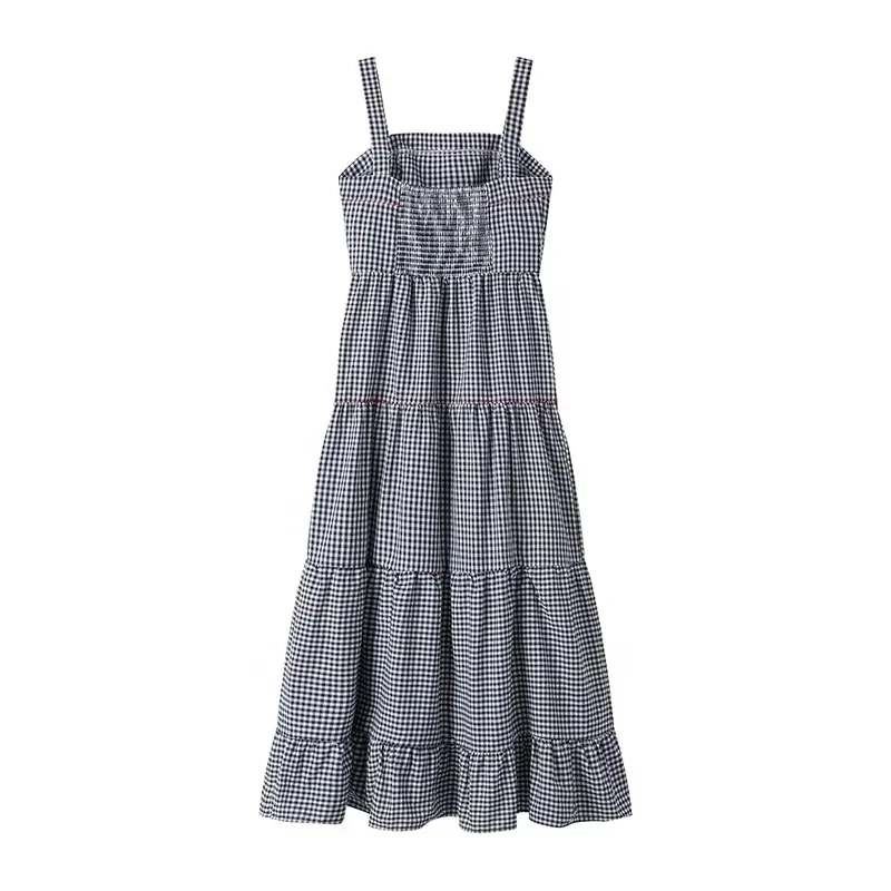 TRAF Embroidery Plaid Long Dresses Women Sleeveless Slip Midi Dress Woman Pleated Backless Beach Dress Vintage Summer Dress