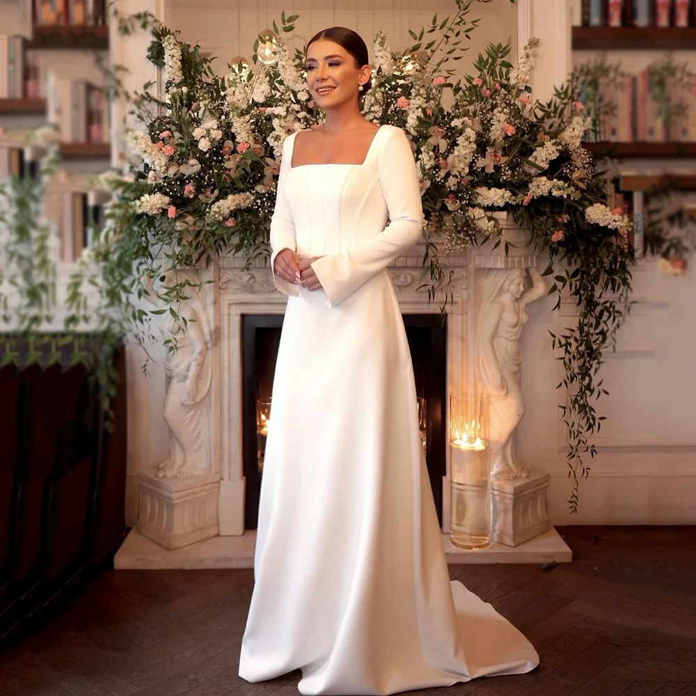 

Civil Wedding Dresses 2025 Square Collar Long Sleeve Corset Modest Bridal Dress Elegant Reception Bride Dress Women Customized
