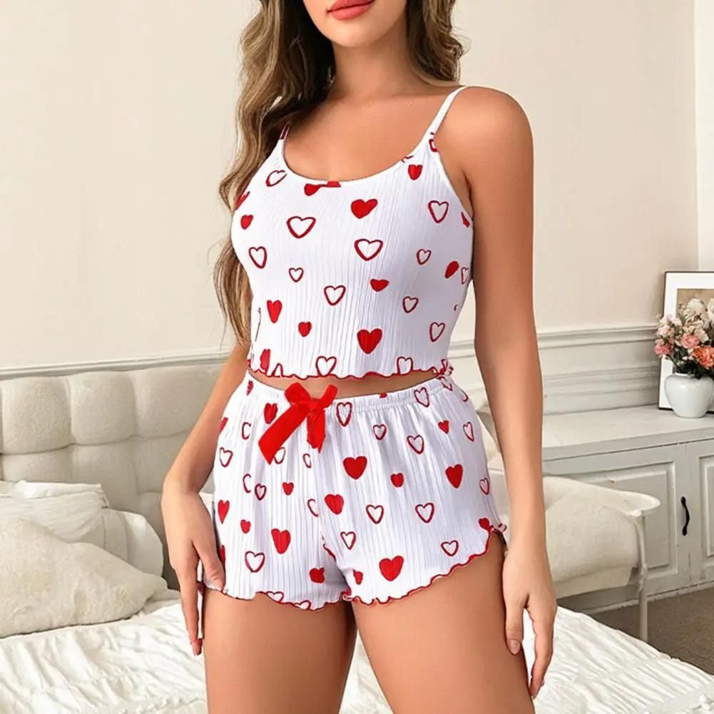 

2026 Women's Camisole Pajama Set Spaghetti Strap Crop Tank Top And Shorts Sleepwear Set Heart Print Two-Piece Lounge Set