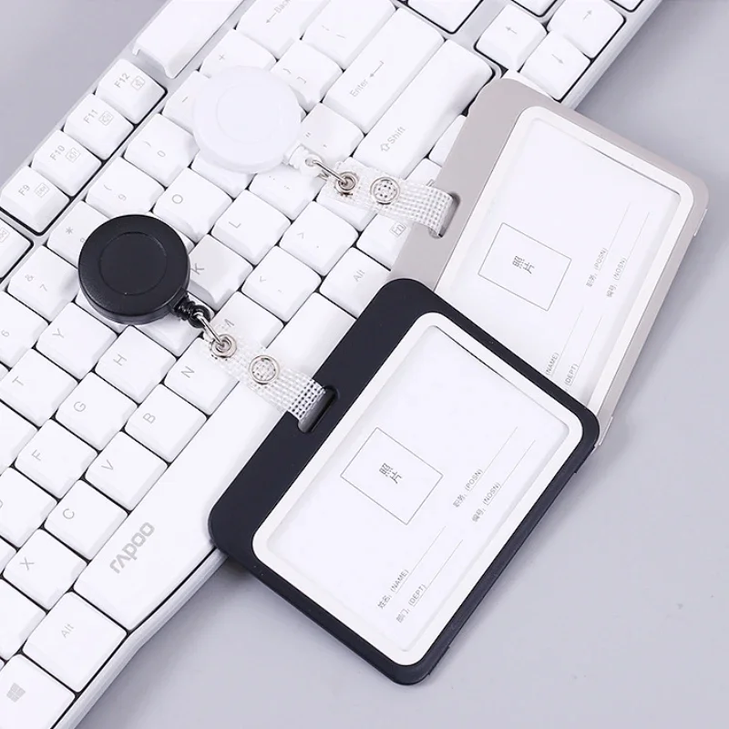 Black White Staff Work Card Cover Employee ID Name Badge Holder Retractable Badge Reel Bus Credit Card Sleeve