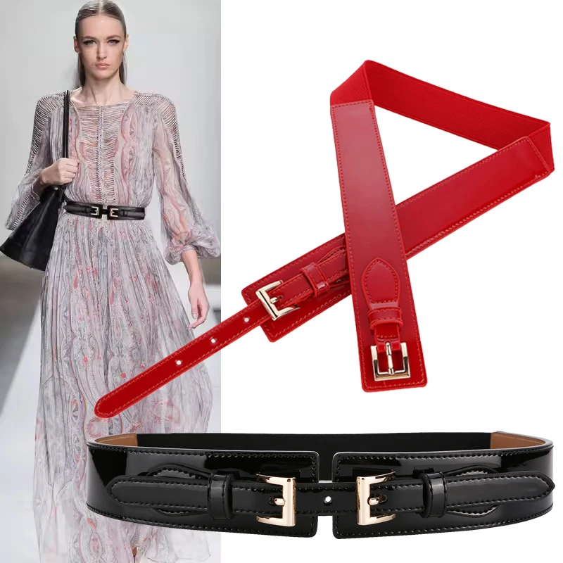 Women Elastic Wide Genuine Leather Belt for Dress Patent Wide Corset Cinch Belts Stretch Waistband Fashion Gold Double Buckle