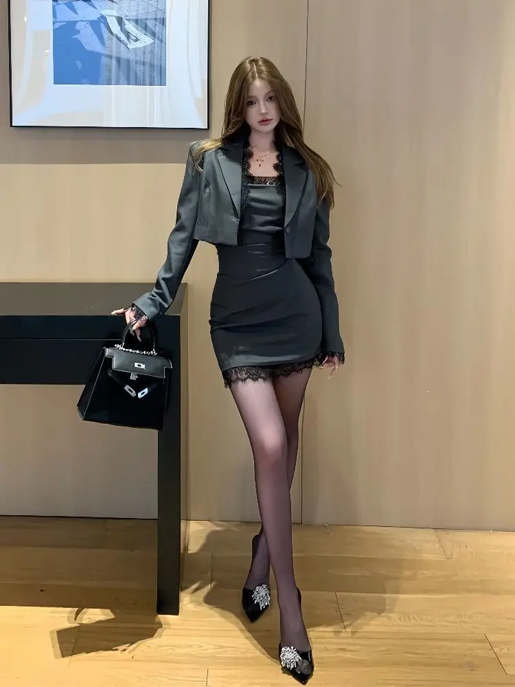 Autumn Korean Fashion Women's Suit French Elegant Two Piece Set Casual Outdoor Lady Set with Blazer and Skirt Lace Detail Events