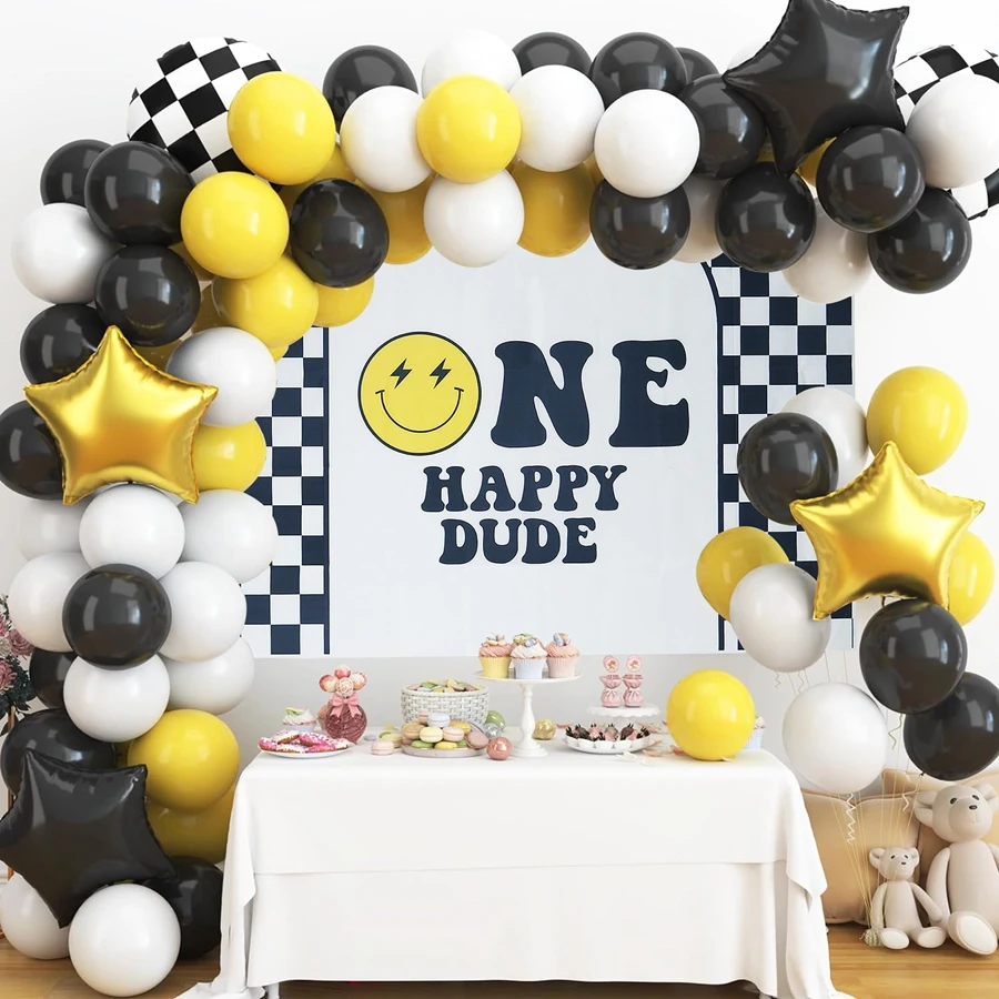 One Happy Dude Birthday Decorations, One Cool Dude 1st Party Decor Banner Highchair Banner Cutout Crown Black Yellow Smile Face