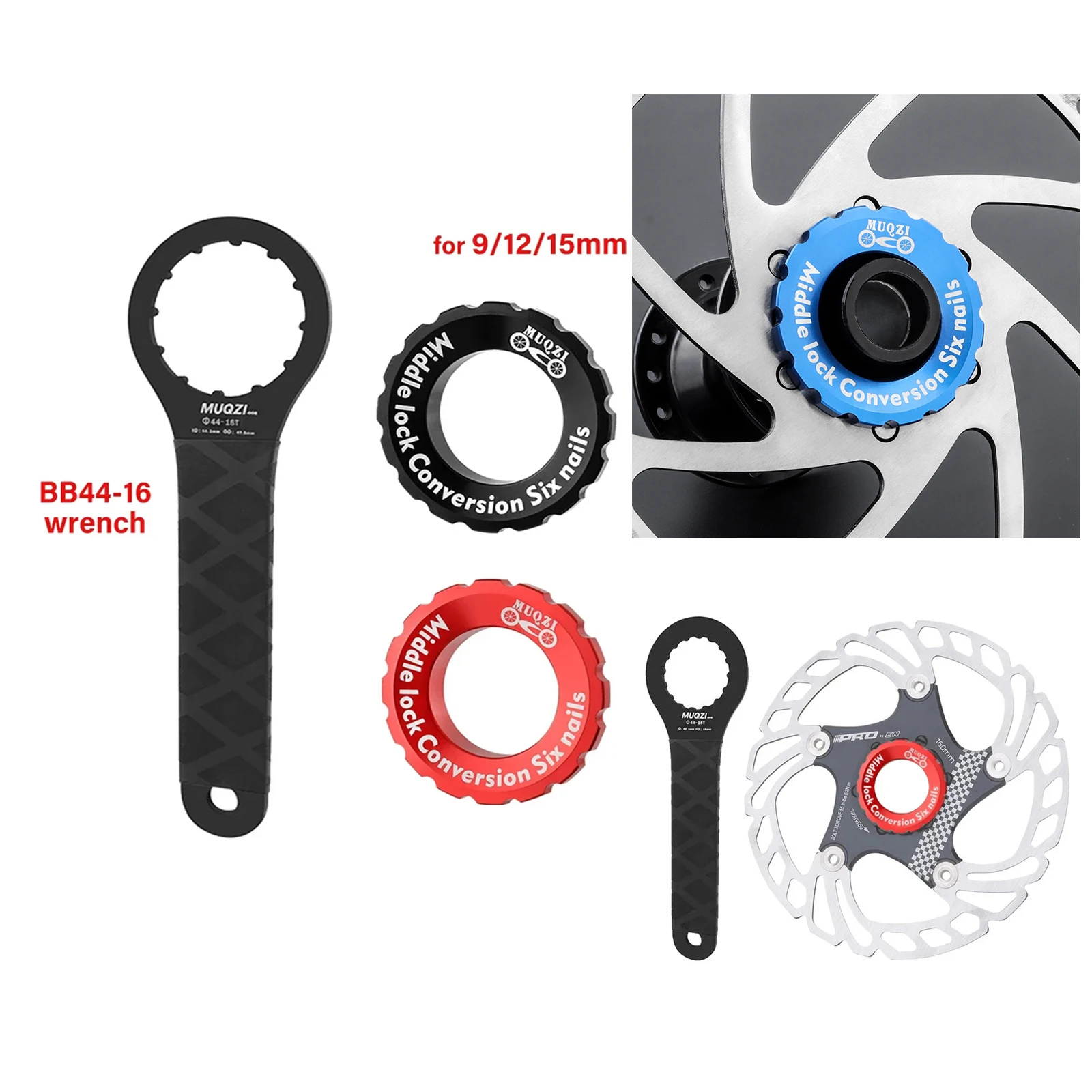 

9/12/15mm Bicycle Centerlock Lockring and Spacer Bike Center Lock Cover Wrench Aluminium Alloy for 6 Bolt Disc Brake Rotor