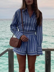 2024 New in Summer Fashion Elegance 2 Pieces Suit Set Female Striped Plaid Turn-Down Collar Long Sleeve Shirt Short Pants Suit