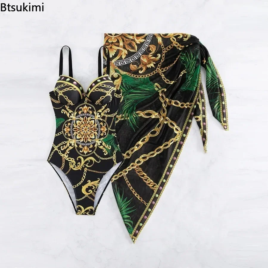 2024Women Summer Print Push Up One Piece Swimsuit With Beach Skirt V Neck Swimwear Women Beachwear Bathing Suit Vintage Monokini