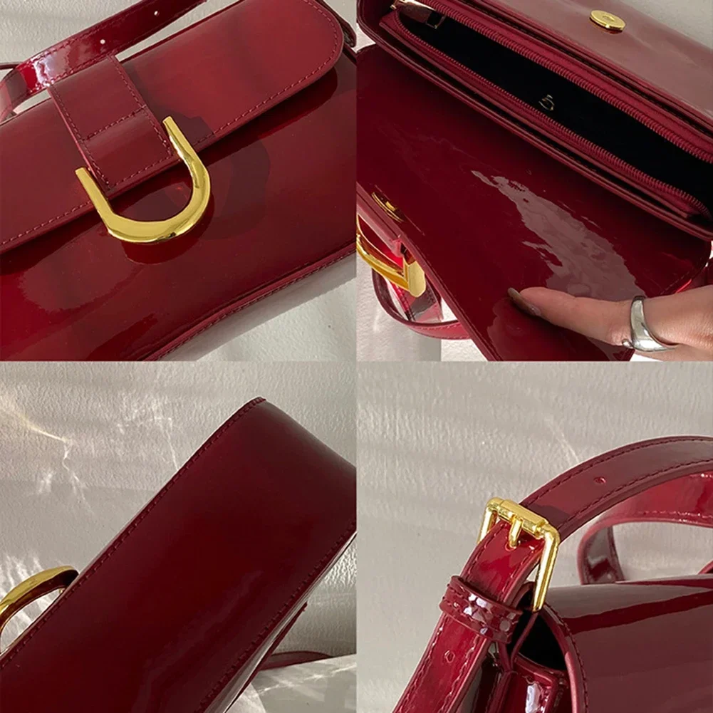 Luxury For Women  Flap Crossbody Bag Solid Color Underarm Red Crossbody Bag Retro Patent Leather Shoulder Bag Lady Handbag