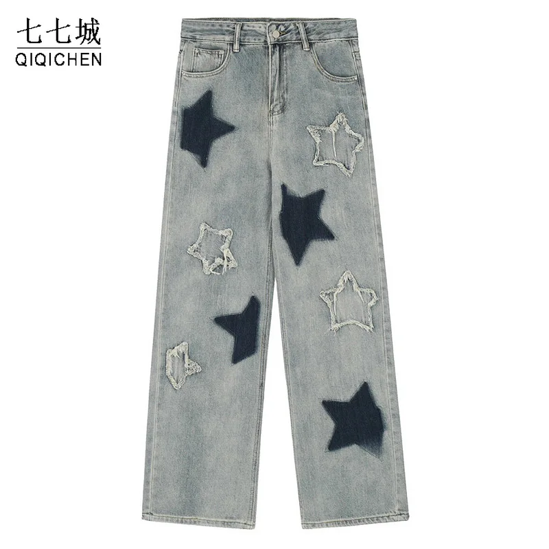 

High Street Jeans Men Cotton Patchwork Stars Straight Wide Leg Pants Vintage Washed Loose Casual Trousers Unisex Streetwear New