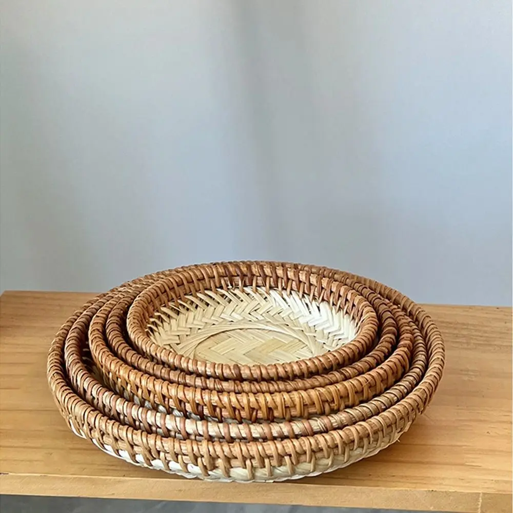 

Home Organizer Bamboo Rattan Storage Basket Round Handmade Pastry Plate Simple Creative Candy Plate Party