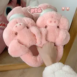Feerldi Pink fluffy pig slippers women slip on animal slides indoor house furry cotton shoes warm 2024 new girls piggy shoes