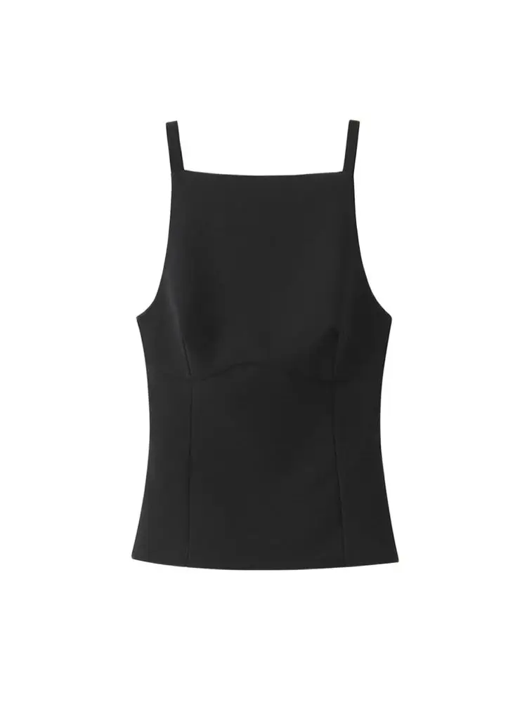 قمصان نسائية بدون أكمام مع فيونكة خلفية، رقبة مستقيمة، سحاب جانبي، كاميس نسائي، أزياء مثيرة