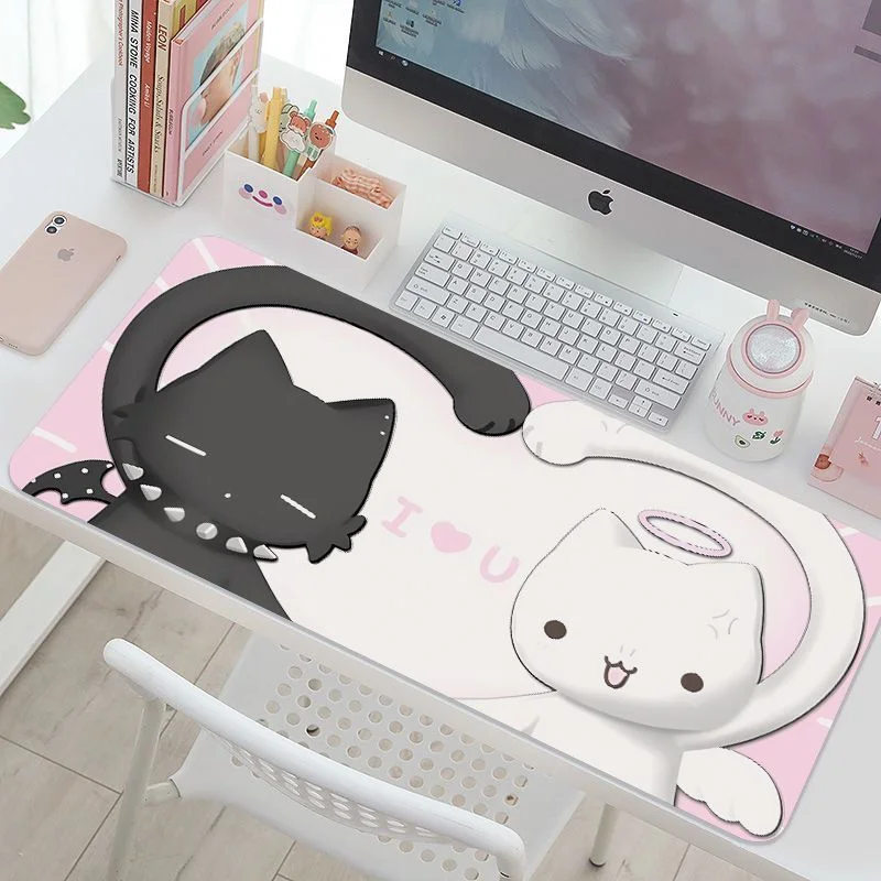 Pink Gradient Kitten Kawaii Girl Y2K Beach Leather Desk Pad Protector Mouse Pad Office Desk Mat Non-Slip PU Desk Blotter Pad