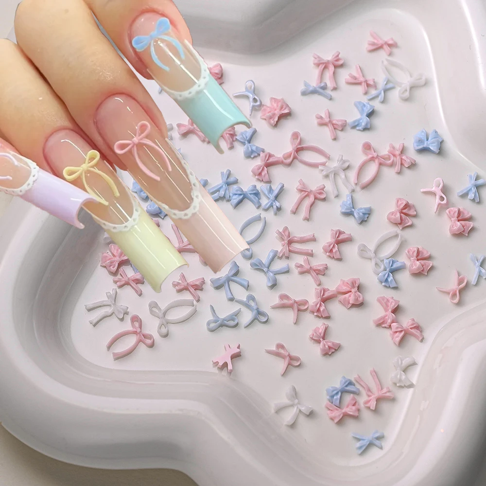 100 قطعة ثلاثية الأبعاد شريط راتينج صغير الانحناء مسمار السحر الوردي/الأزرق/الأبيض بلون مختلط نمط Bowknot مسمار الديكور الحلو لتقوم بها بنفسك أجزاء الأظافر