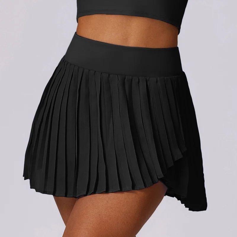 Casual Pleated Sports Skirt Women'S Stretch Fake Two-Piece Quick-Drying Tennis Culottes With Pockets Sportswear