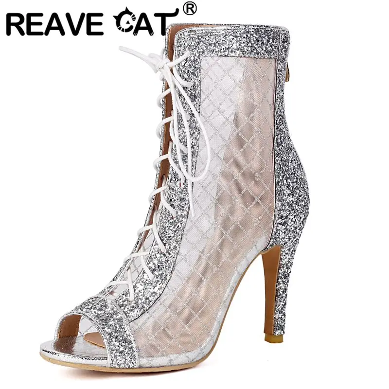 

REAVE CAT 2025 Модные женские сандалии с открытым носком на тонком каблуке 9,5 см на молнии со шнуровкой Bling Сексуальная обувь для свиданий для вечеринок Большие размеры 46 47 48